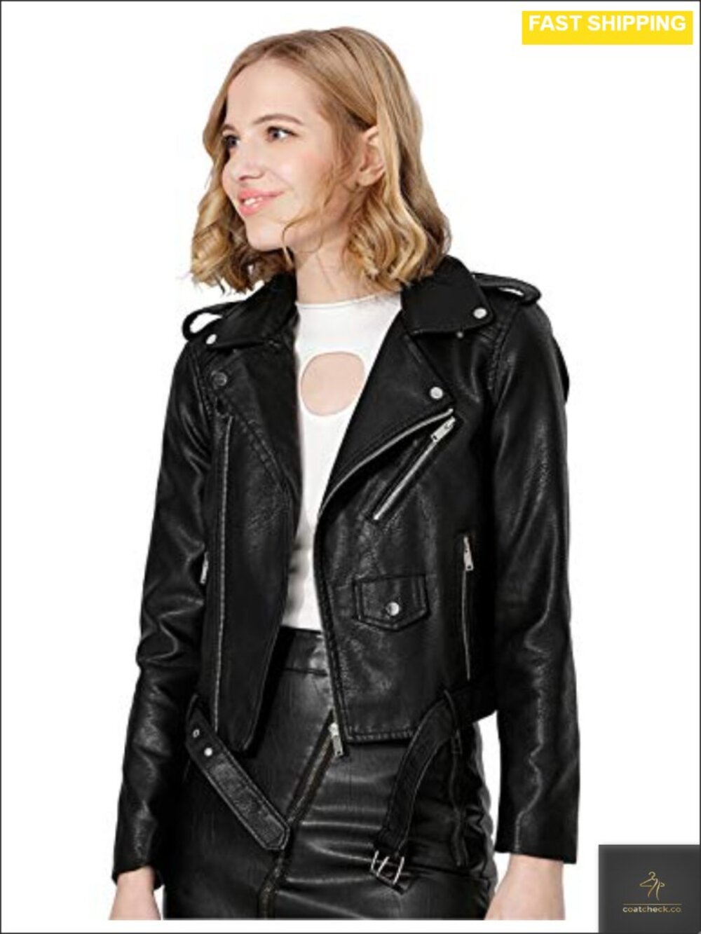 Faux Leather Textured Short Moto Jacket Zip-up Slim PU Biker Coat with Pockets